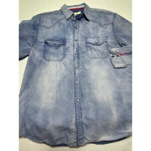 Mens Distressed Blue Denim Western Style Button Up Shirt